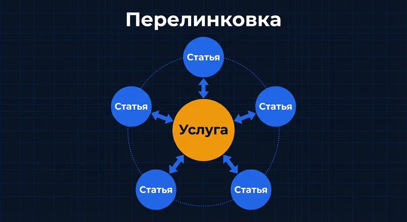 Диаграмма: схема внутренней перелинковки hub-and-spoke - страница услуги связана с пятью статьями блога