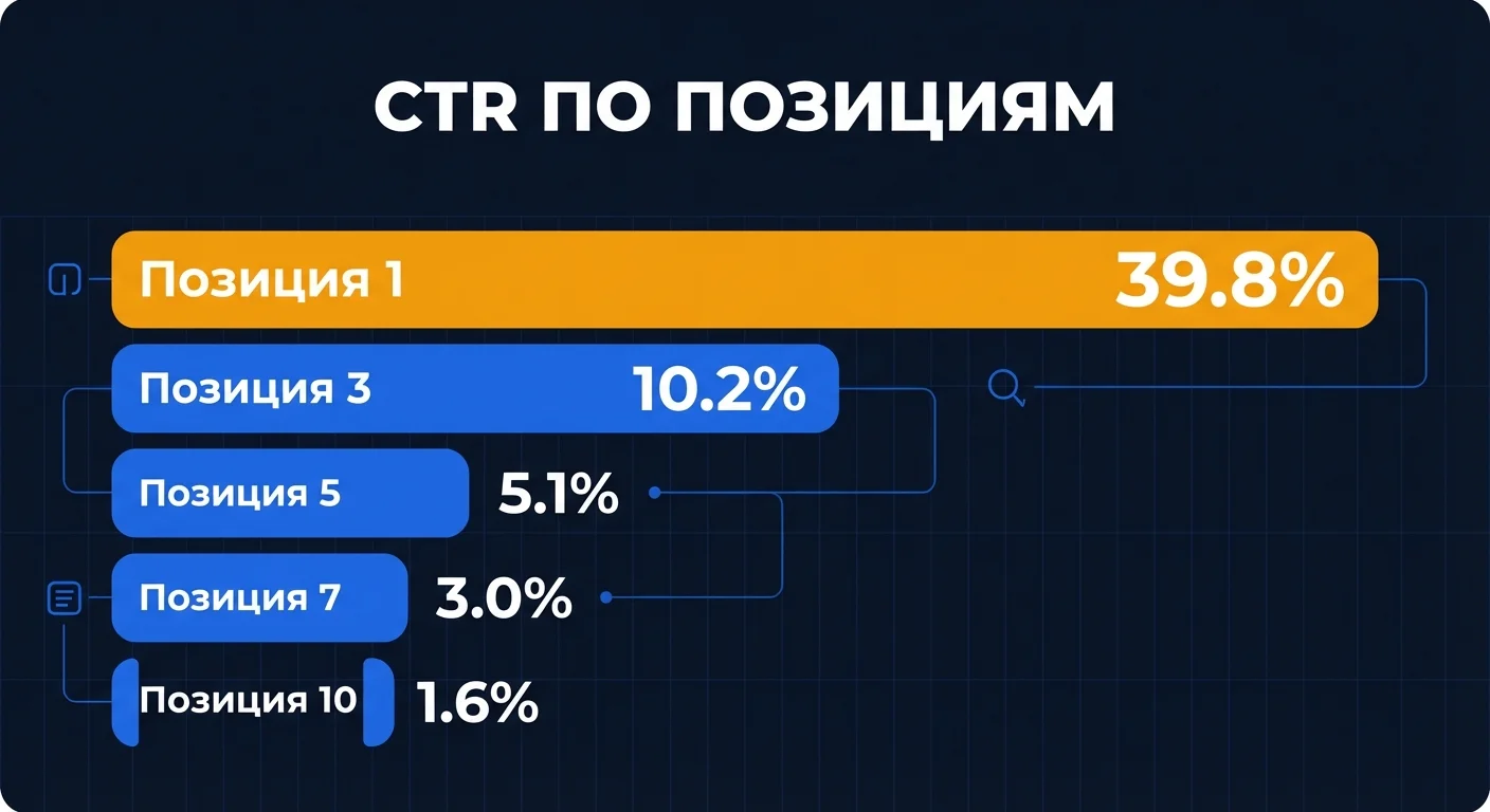 Диаграмма: CTR по позициям в поиске Google - от 39.8% на первом месте до 1.6% на десятом, убывающие столбцы