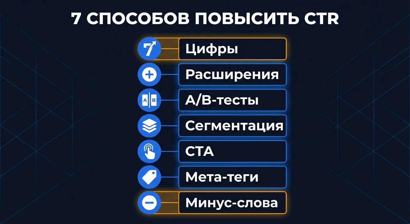 Инфографика: 7 способов повышения CTR - цифры в заголовках, расширения, A/B-тесты, CTA, минус-слова и другие приемы