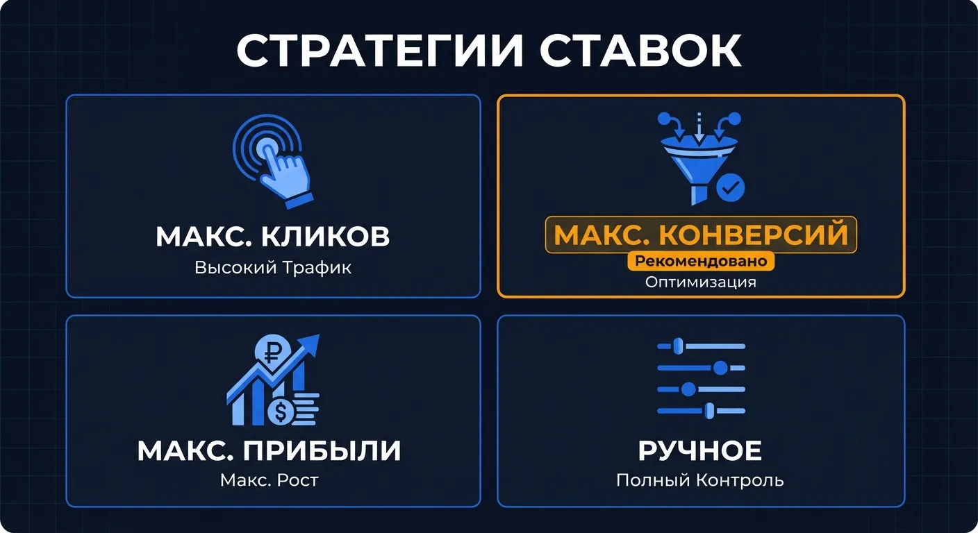 Инфографика: четыре стратегии назначения ставок в Яндекс.Директ - клики, конверсии, прибыль и ручное управление