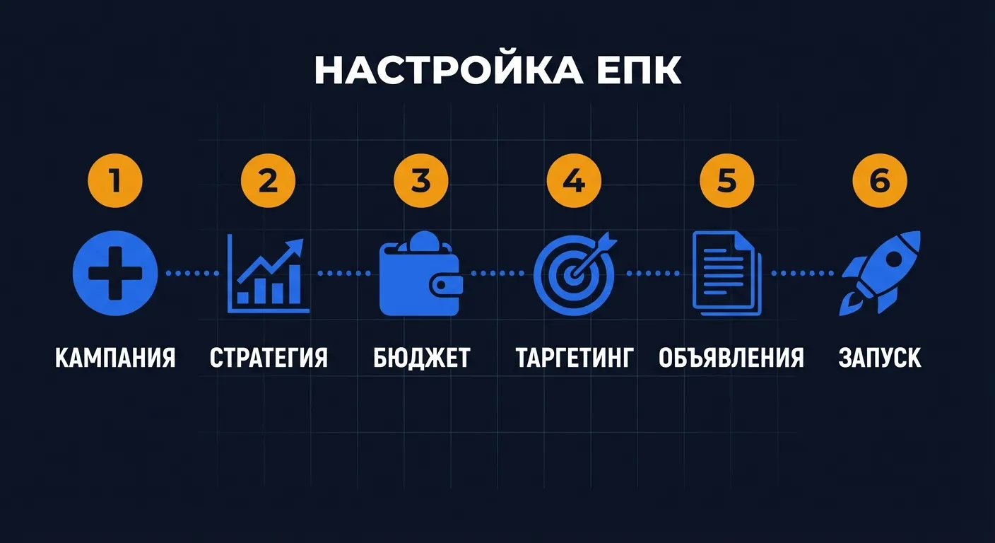 Схема: пошаговая настройка единой перформанс-кампании в Яндекс.Директ - от создания до запуска в 6 этапов