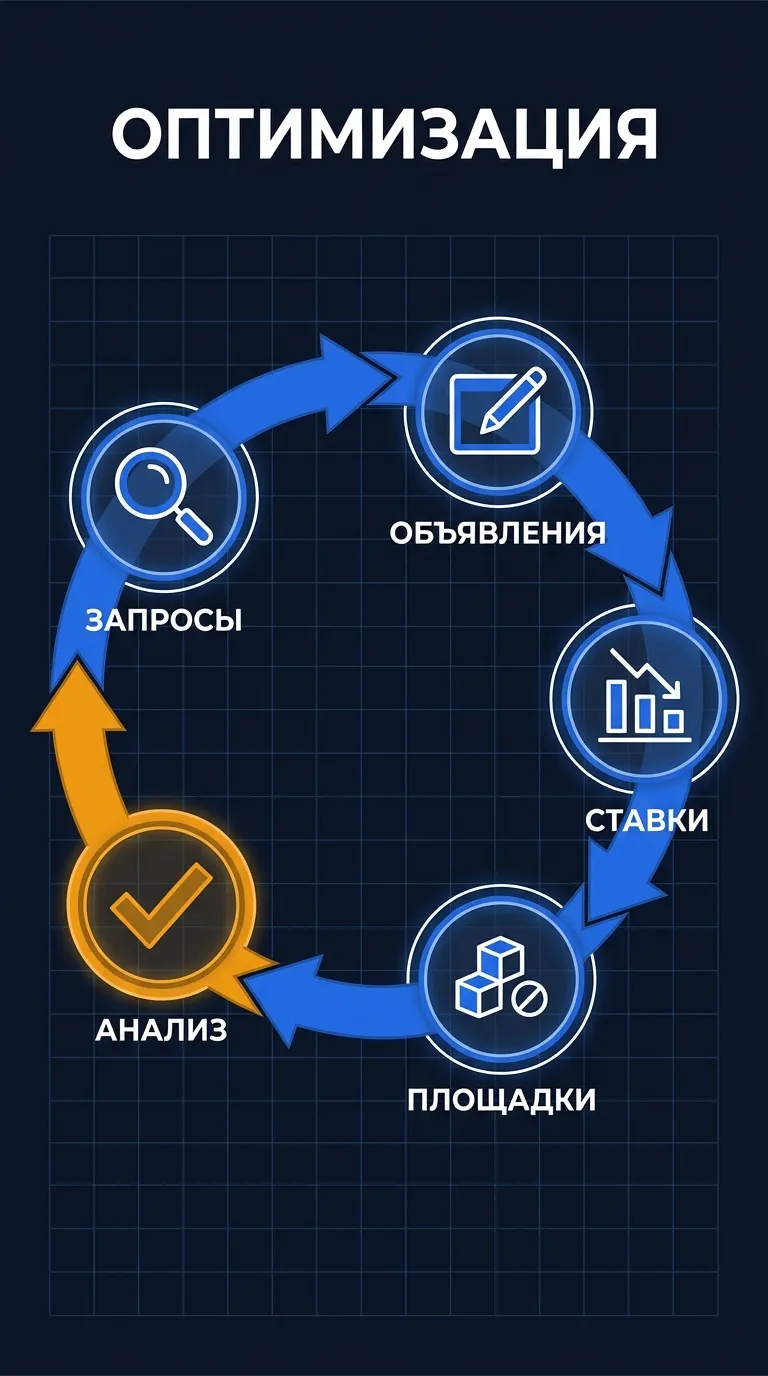 Схема: цикл оптимизации рекламных кампаний в Яндекс.Директ - запросы, объявления, ставки, площадки и анализ