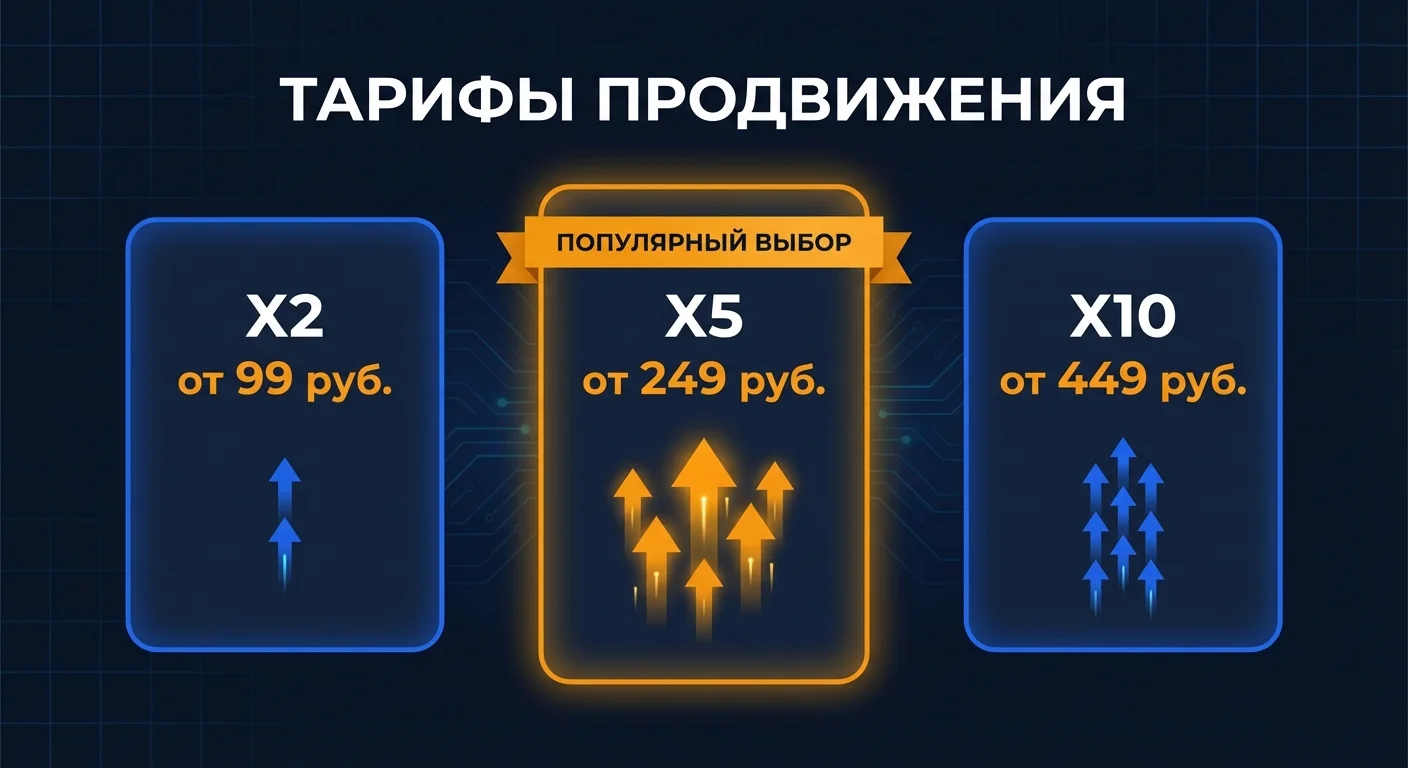 Сравнение тарифов продвижения на Авито: пакеты X2, X5, X10 - стоимость и множитель просмотров по категориям