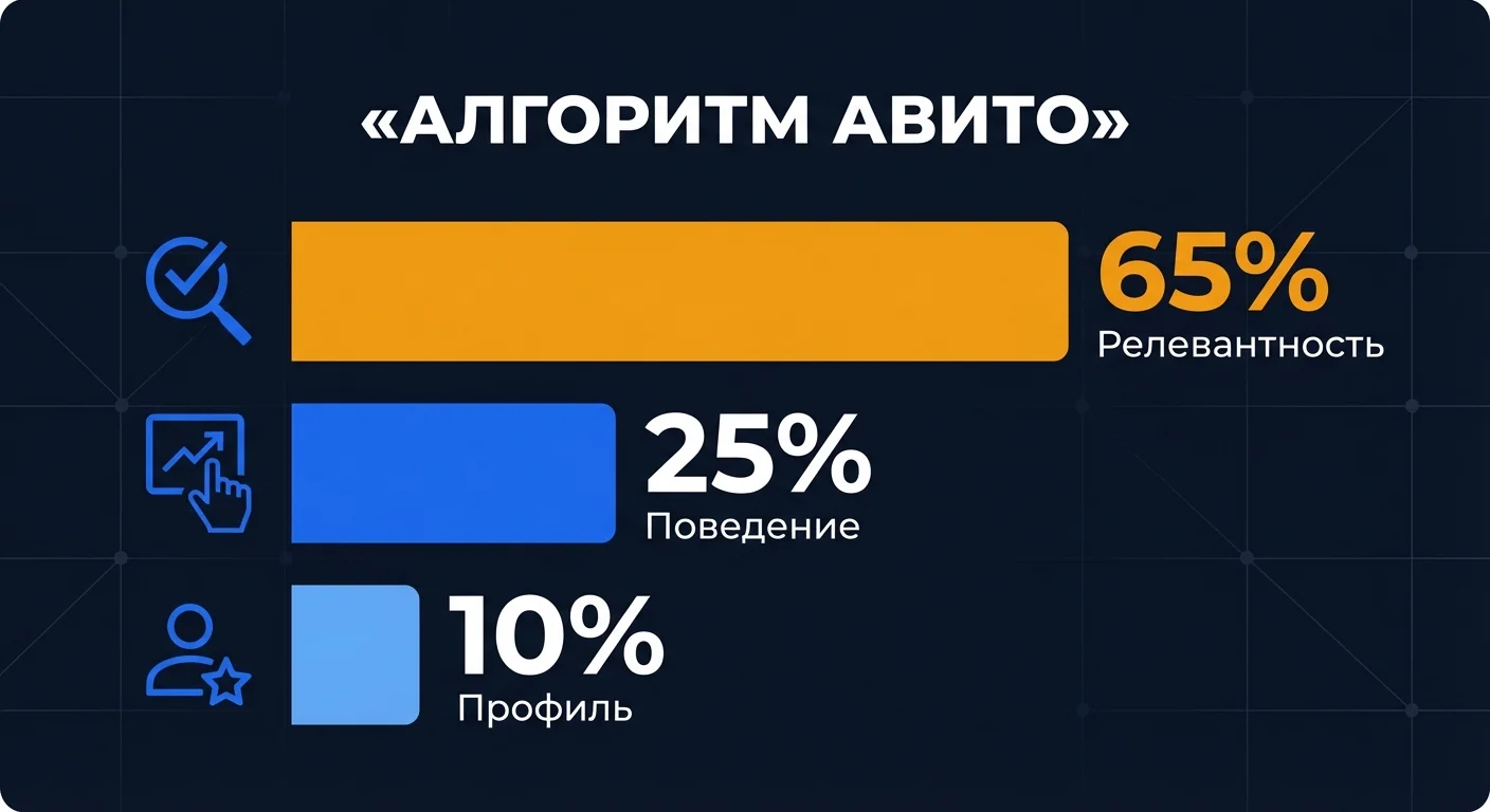 Диаграмма: алгоритм ранжирования объявлений на Авито - релевантность 65%, поведение 25%, профиль 10%