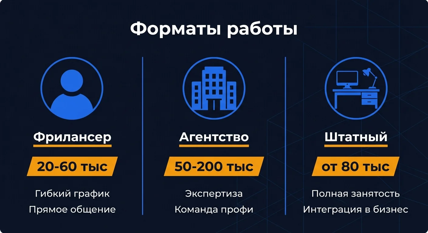 Сравнение форматов SEO-подрядчиков: фрилансер, агентство и штатный сотрудник - стоимость и погруженность
