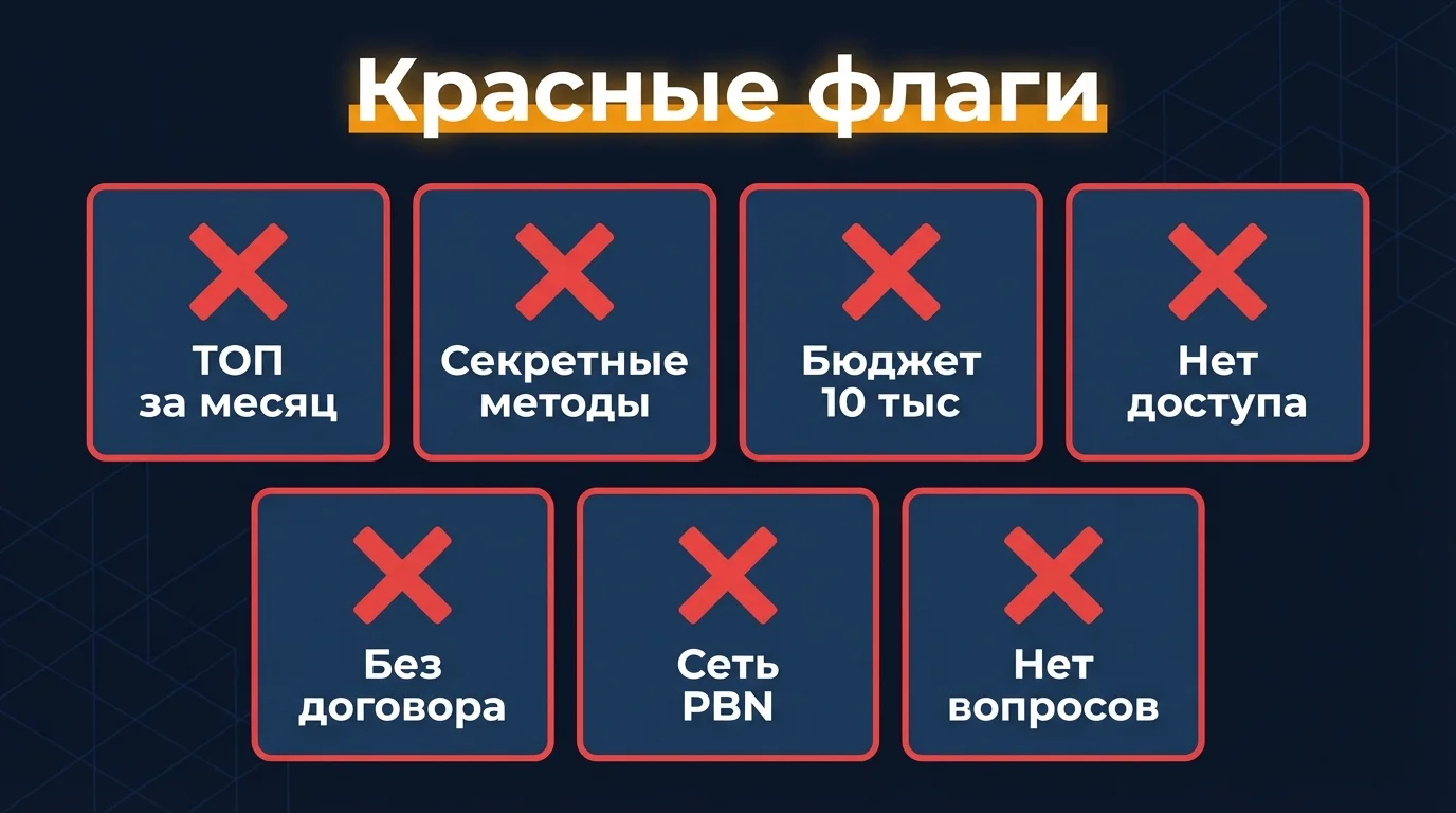 Инфографика: 7 красных флагов при выборе SEO-специалиста - гарантии ТОП-10, секретные методы, без договора