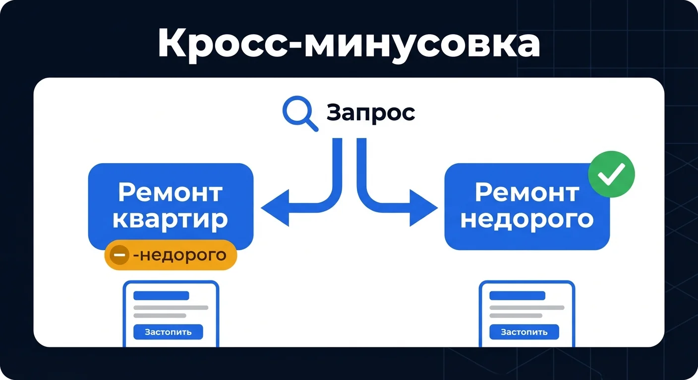 Диаграмма: схема кросс-минусовки в Яндекс Директ - распределение запросов между группами объявлений