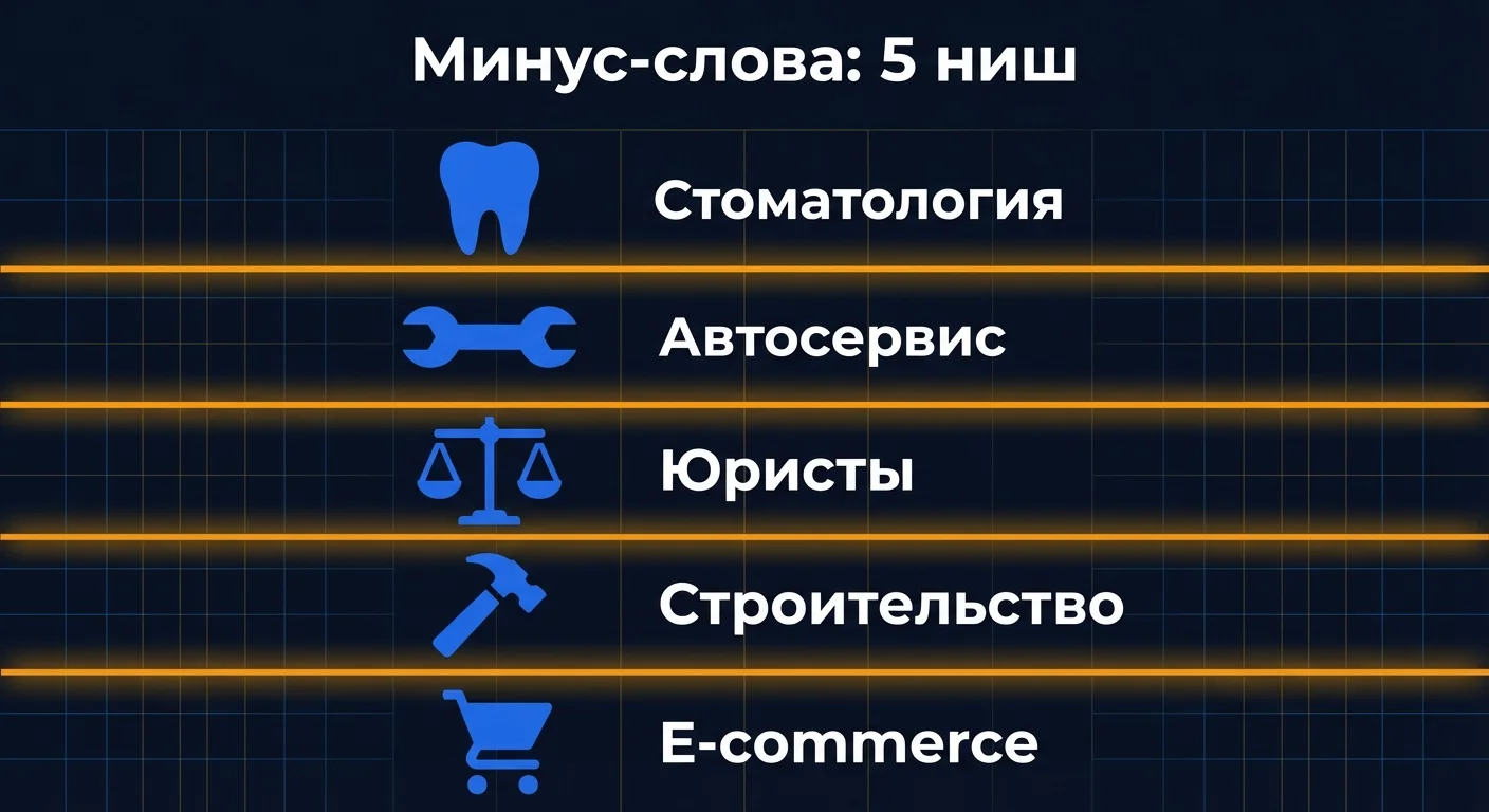 Инфографика: готовые шаблоны минус-слов для пяти ниш - стоматология, автосервис, юристы, строительство