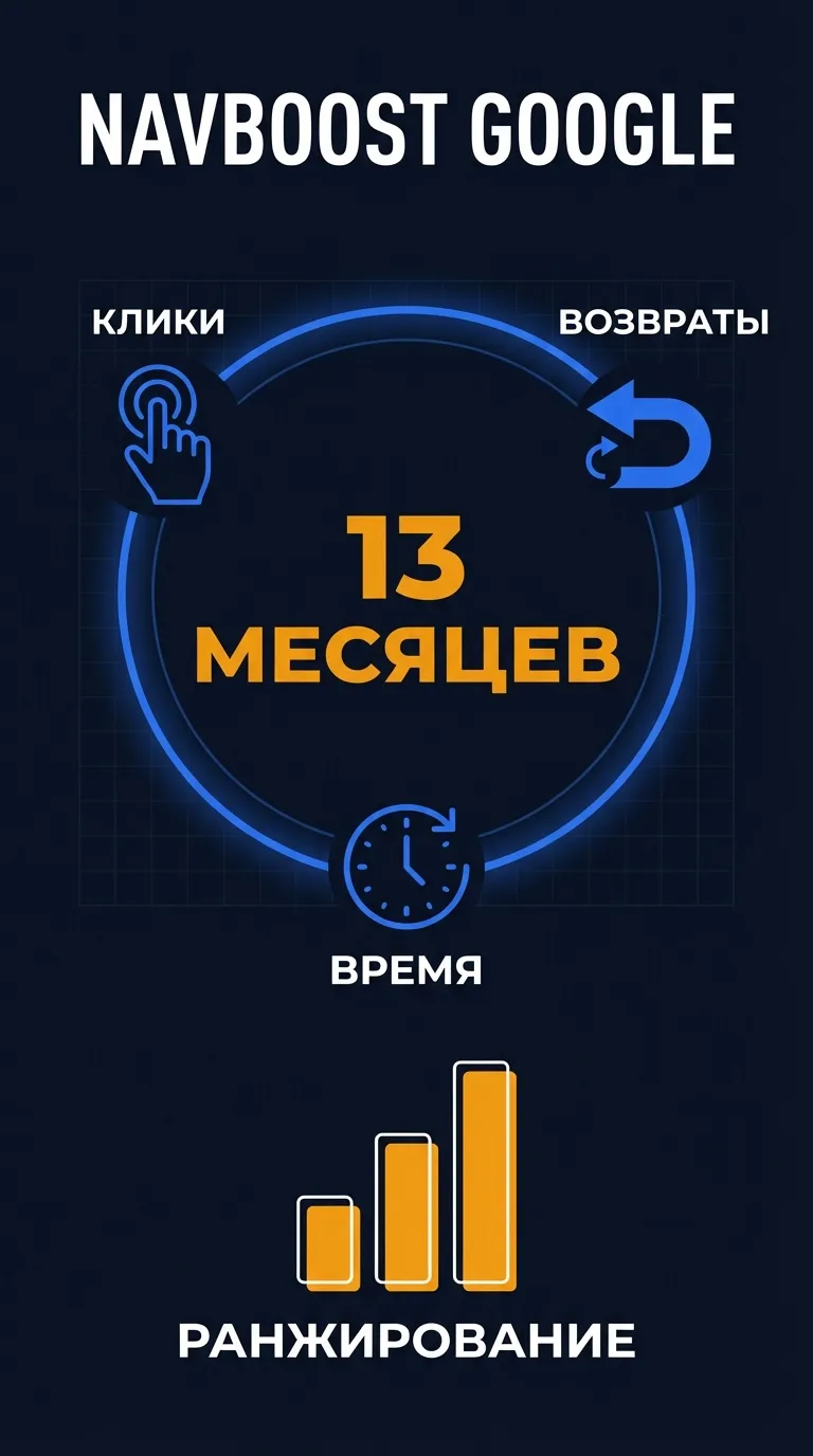 Диаграмма: алгоритм Navboost Google - анализ кликов, возвратов и времени на сайте за 13 месяцев данных