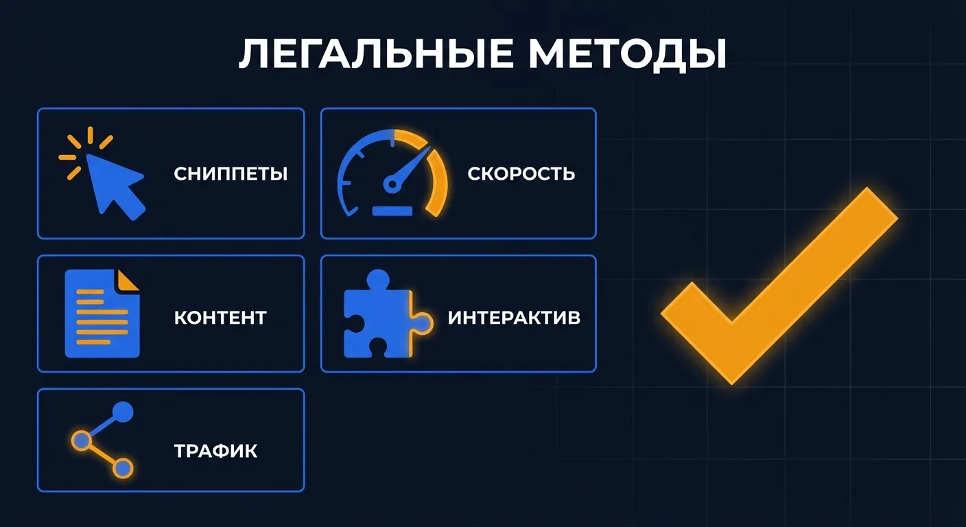 Инфографика: пять легальных методов улучшения поведенческих факторов - сниппеты, скорость, контент, интерактив