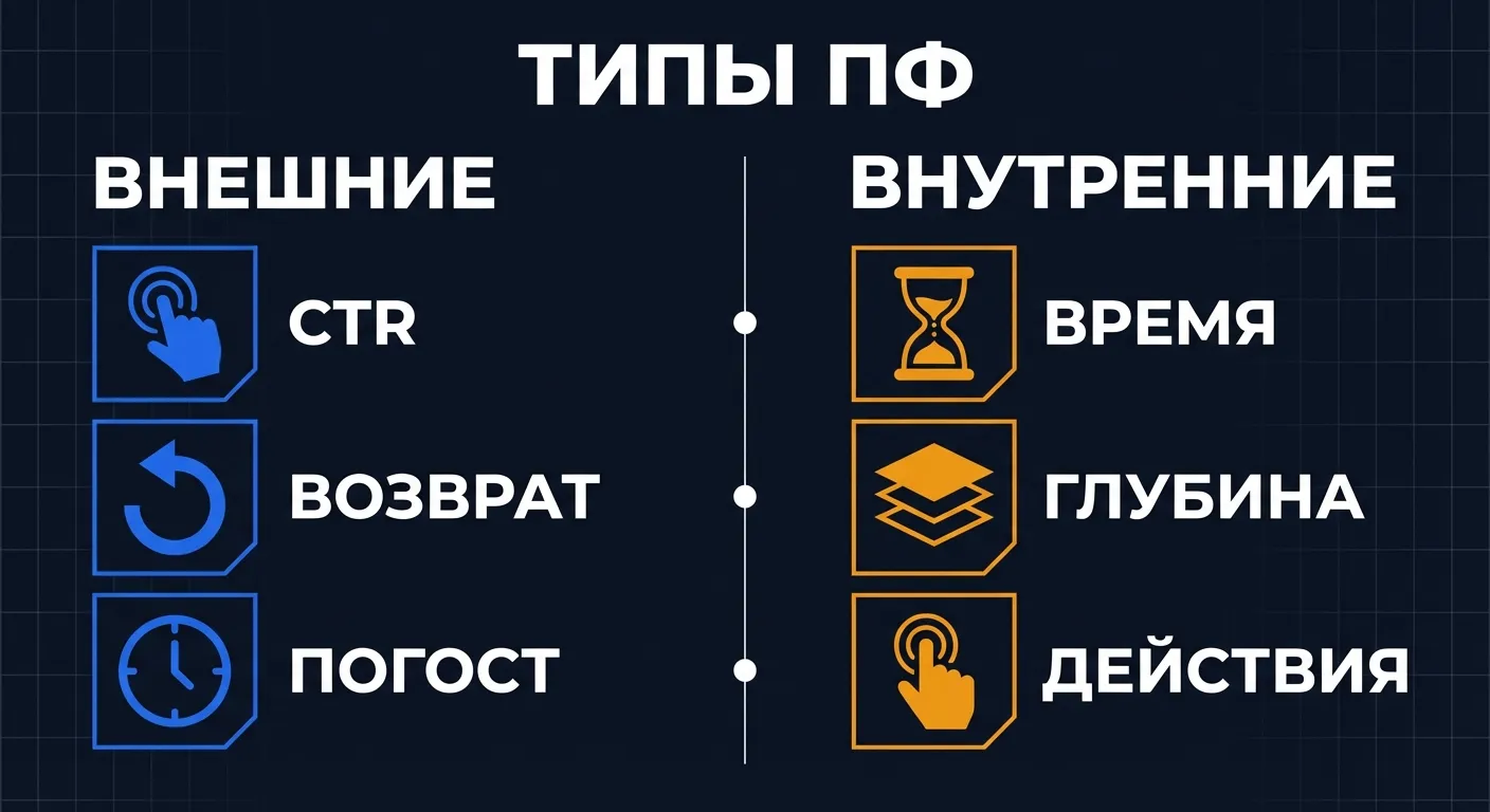 Инфографика: типы поведенческих факторов - внешние (CTR, возврат, погост) и внутренние (время, глубина, действия)