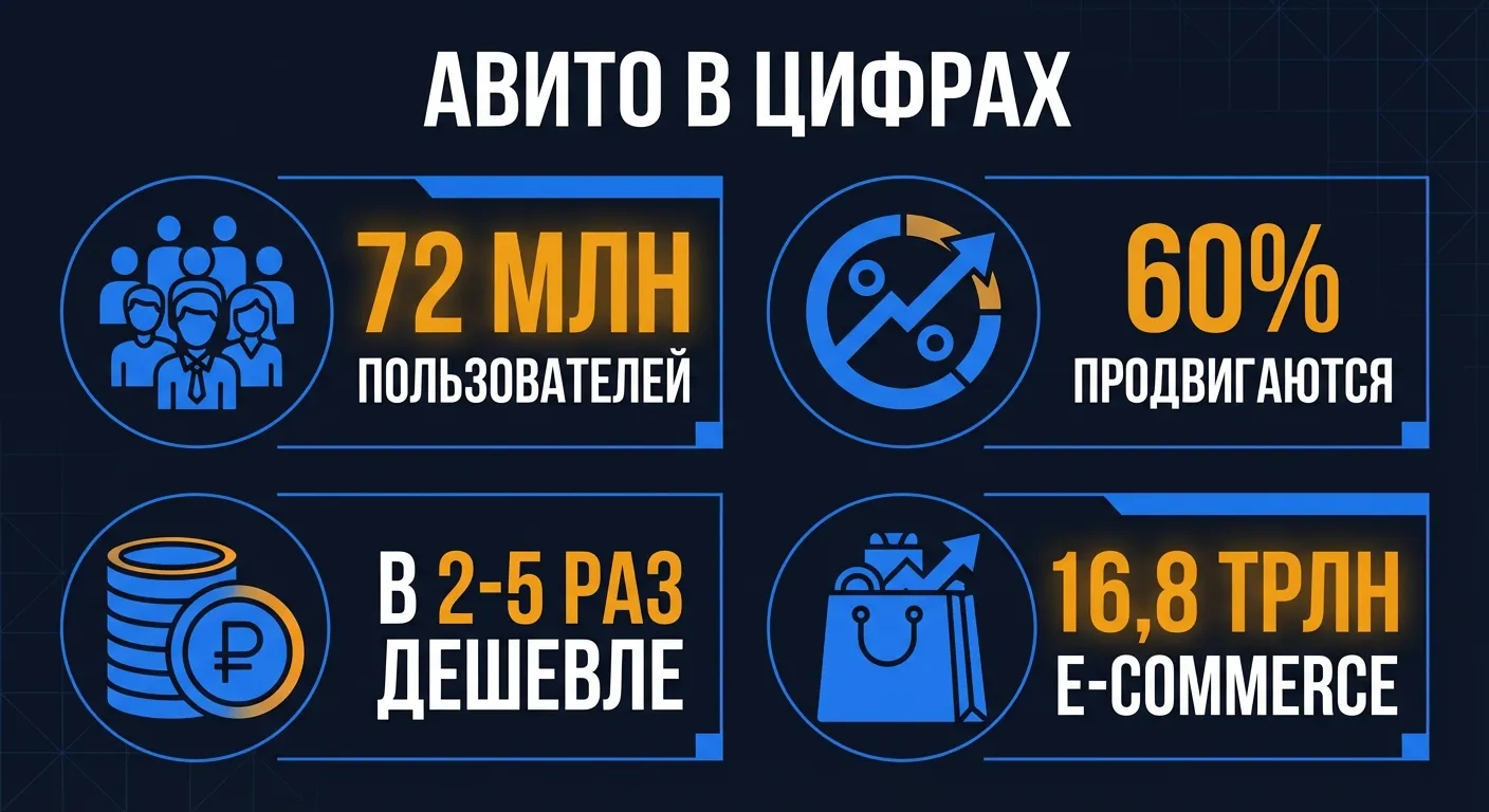 Инфографика: Авито в цифрах - 72 млн пользователей, 60% продавцов продвигаются, рынок e-commerce 16,8 трлн рублей