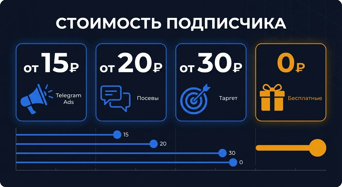 Dashboard: сравнение стоимости подписчика в Telegram - Telegram Ads, посевы, таргет и бесплатные методы
