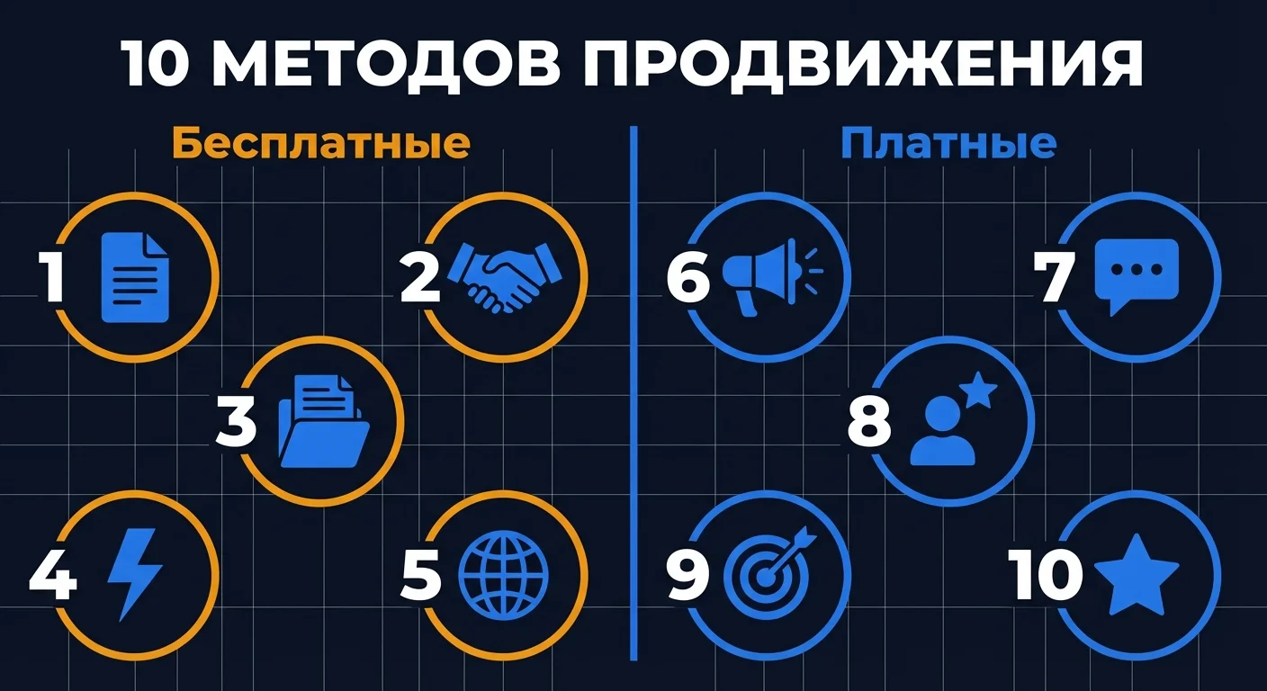 Инфографика: 10 методов продвижения Telegram-канала - 5 бесплатных и 5 платных способов привлечения подписчиков