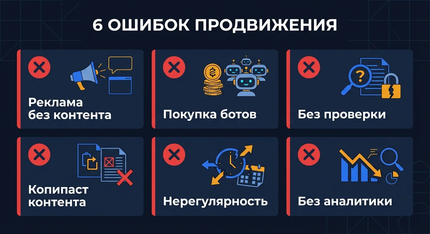 Инфографика: 6 частых ошибок при продвижении Telegram-канала - от покупки ботов до отсутствия аналитики