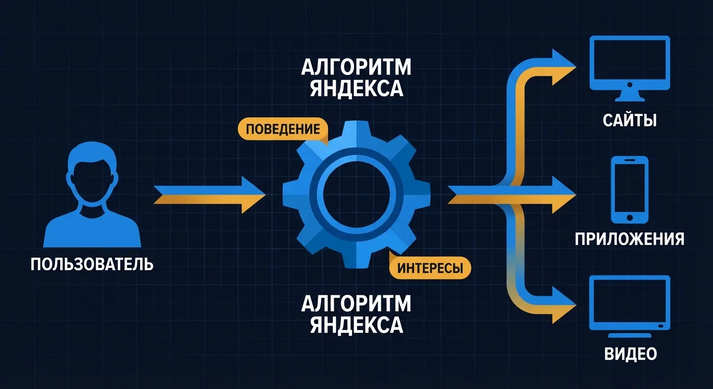 Схема работы РСЯ: пользователь, алгоритм Яндекса и площадки показа рекламы в Рекламной сети Яндекса