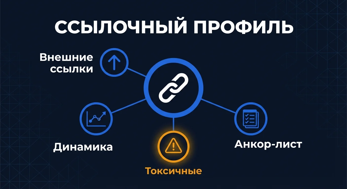 Диаграмма: анализ ссылочного профиля сайта - внешние ссылки, анкоры, токсичные доноры и динамика роста