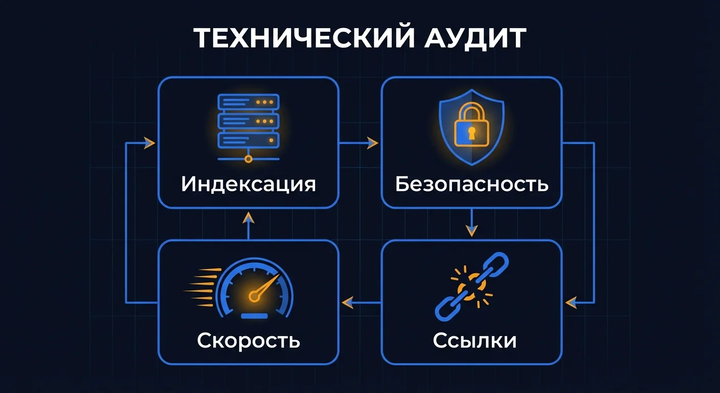 Диаграмма: схема технического SEO-аудита - четыре блока: индексация, безопасность, скорость и ссылки