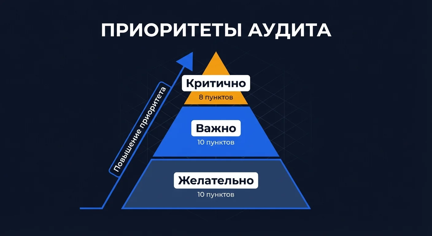 Инфографика: пирамида приоритетов SEO-аудита - критичные, важные и желательные пункты проверки сайта