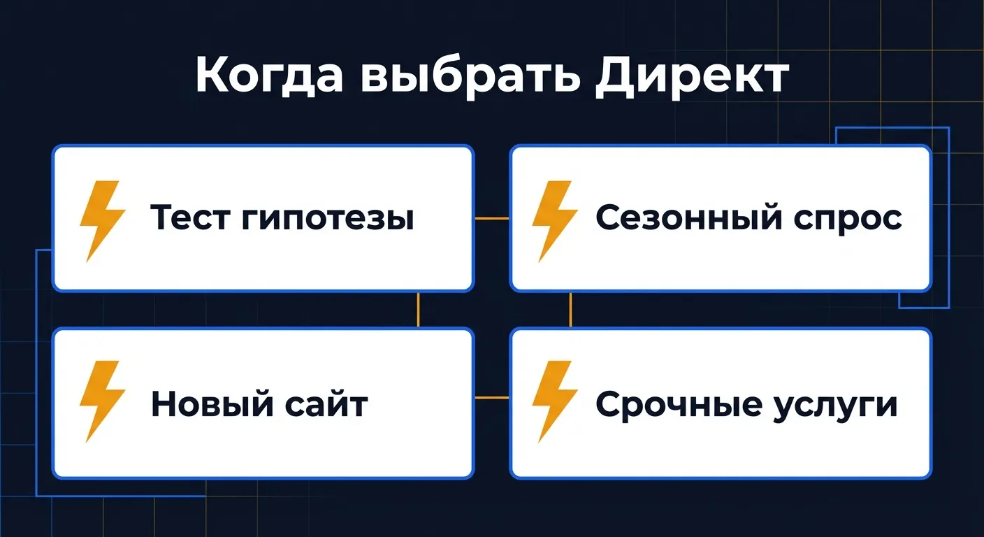 Чеклист ситуаций для выбора Директа: тест гипотезы, сезонный спрос, новый сайт, срочные услуги