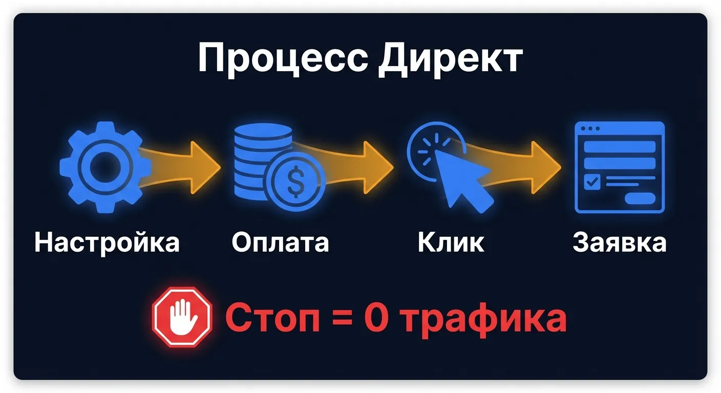 Схема работы Яндекс.Директа: настройка, оплата за клик, получение заявки и остановка трафика при паузе
