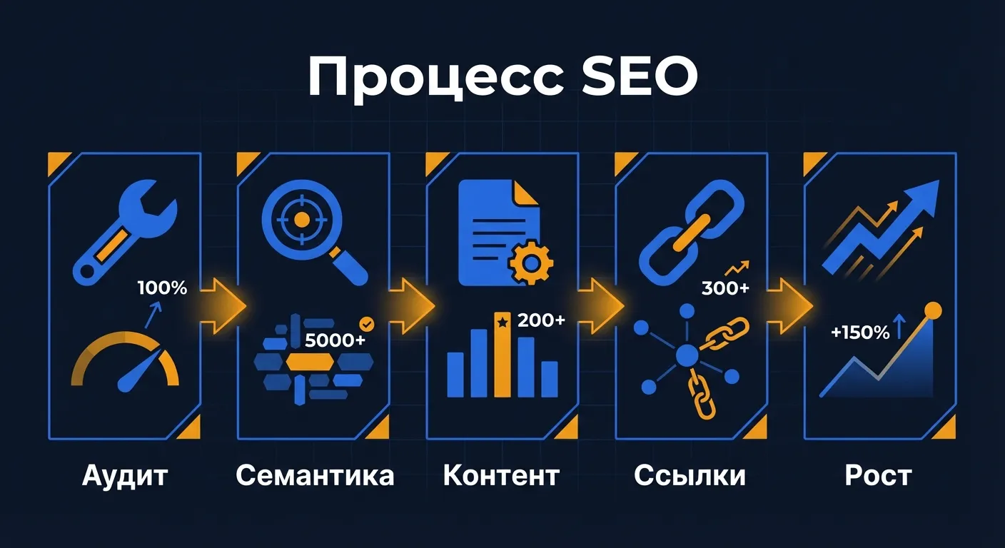 Схема процесса SEO-продвижения: аудит, семантика, контент, ссылки и рост органического трафика сайта