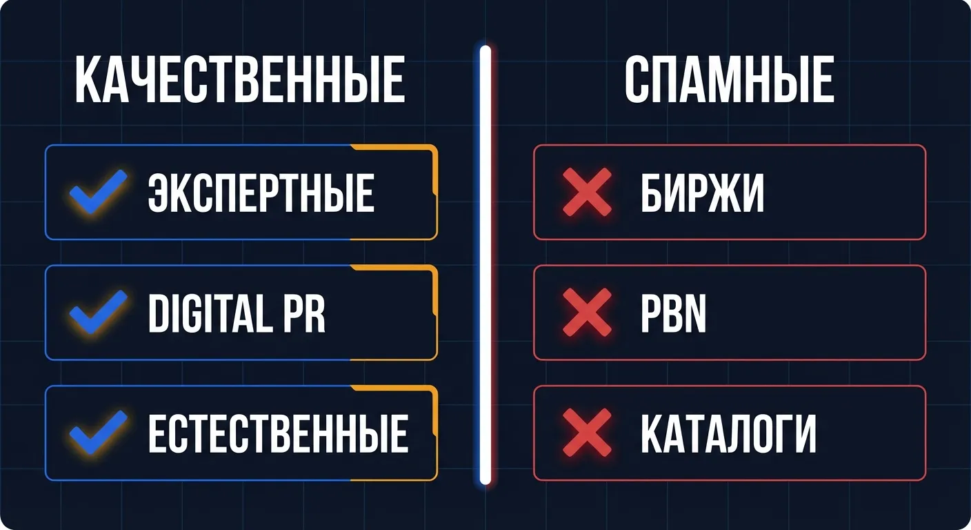 Сравнение: качественные ссылки (экспертные, Digital PR) против спамных (биржи, PBN, каталоги)