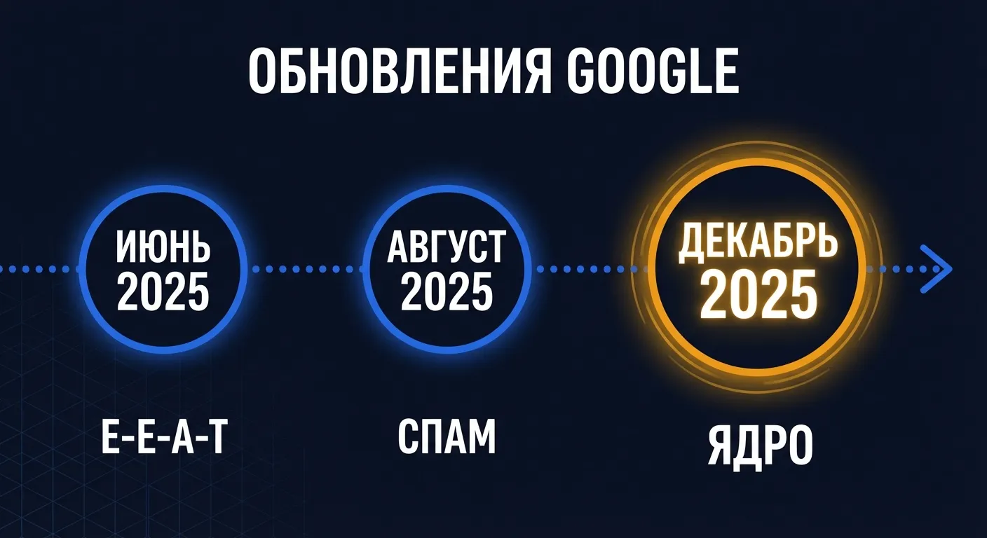 Инфографика: хронология обновлений Google за 2025 год - June Core Update, August Spam Update, December Core Update
