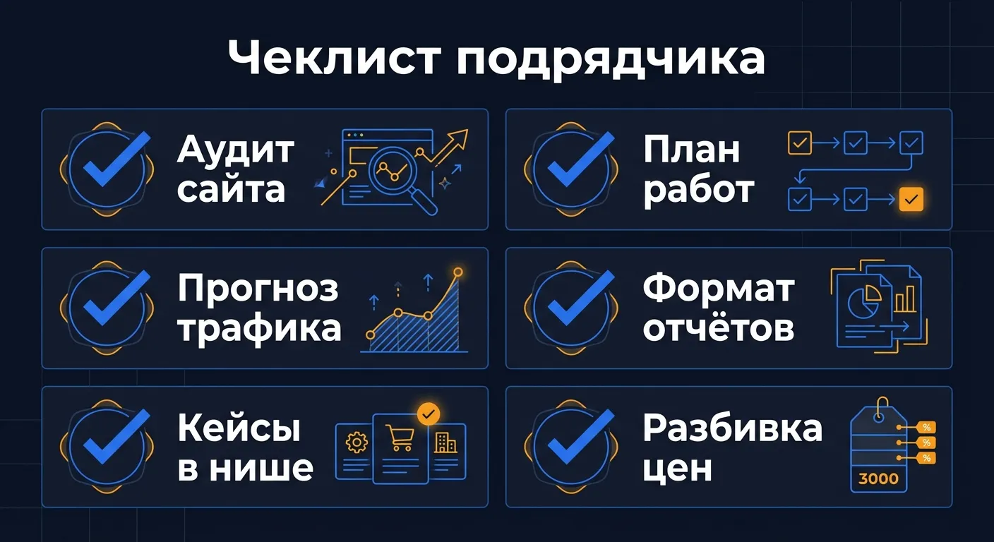 Чеклист выбора SEO-подрядчика: аудит сайта, план работ, прогноз трафика, кейсы в нише, разбивка стоимости