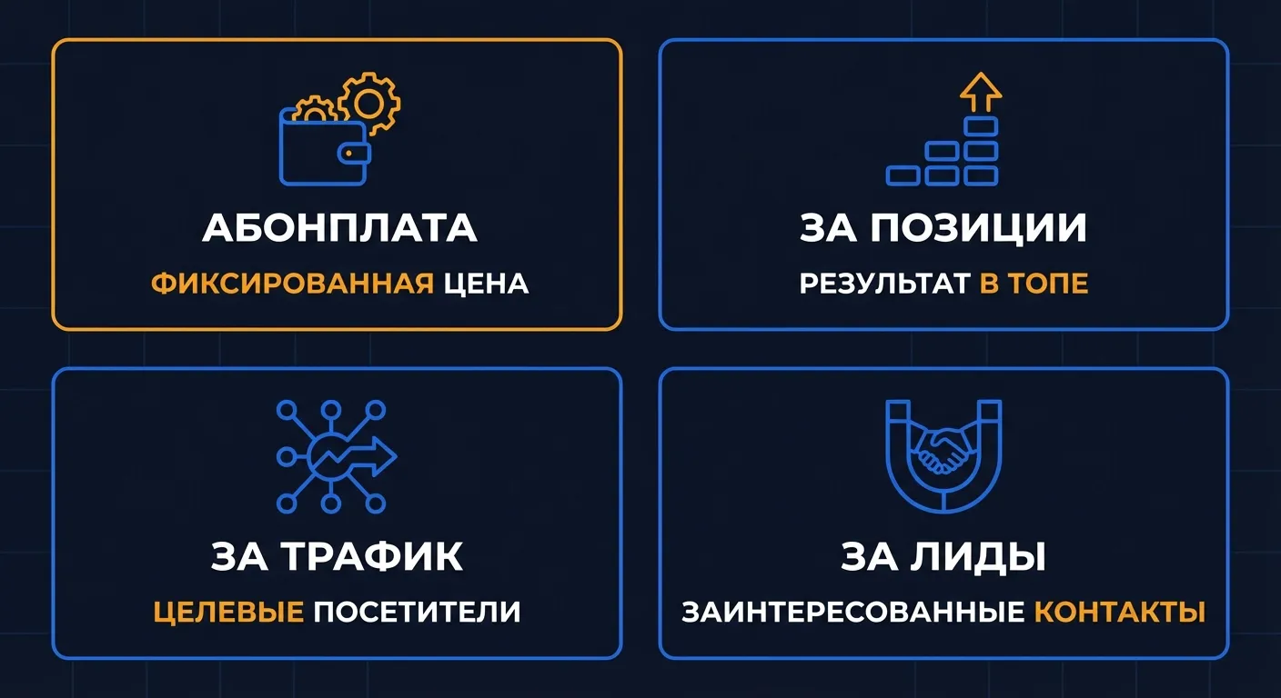 Сравнение четырех моделей оплаты SEO: абонплата, за позиции, за трафик и за лиды - плюсы и минусы каждой