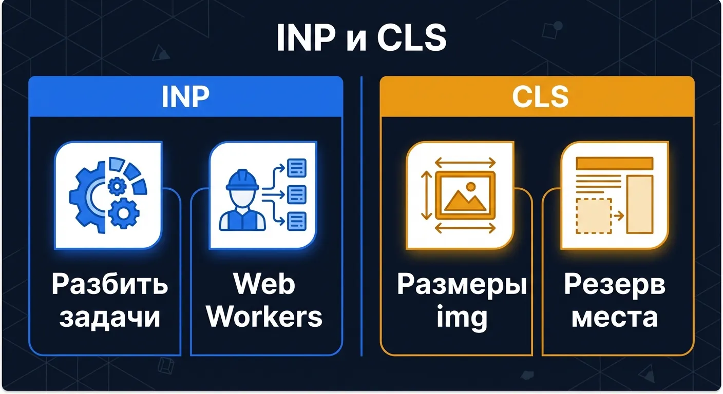 Инфографика: оптимизация INP и CLS - разбивка задач, Web Workers, размеры изображений, резерв места