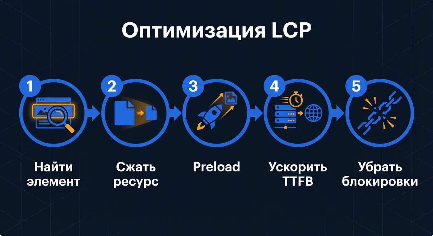 Пошаговая оптимизация LCP: поиск элемента, сжатие, preload, TTFB, устранение блокировок рендеринга