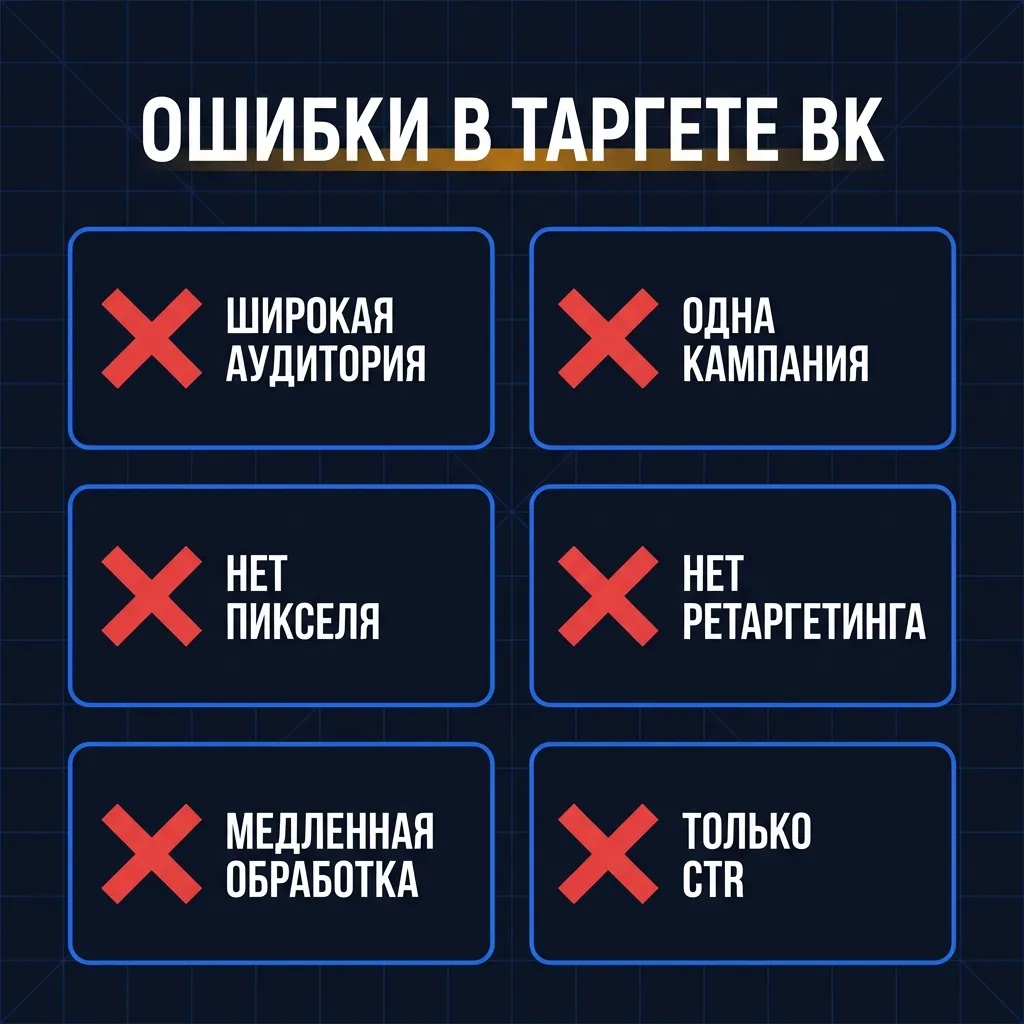 Чеклист ошибок в таргете ВКонтакте: широкая аудитория, нет пикселя, нет ретаргетинга, оценка только по CTR