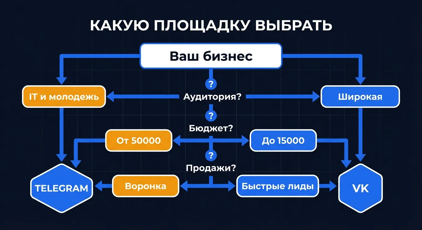 Дерево решений: как выбрать рекламную площадку - Telegram или ВКонтакте - по аудитории, бюджету и продажам