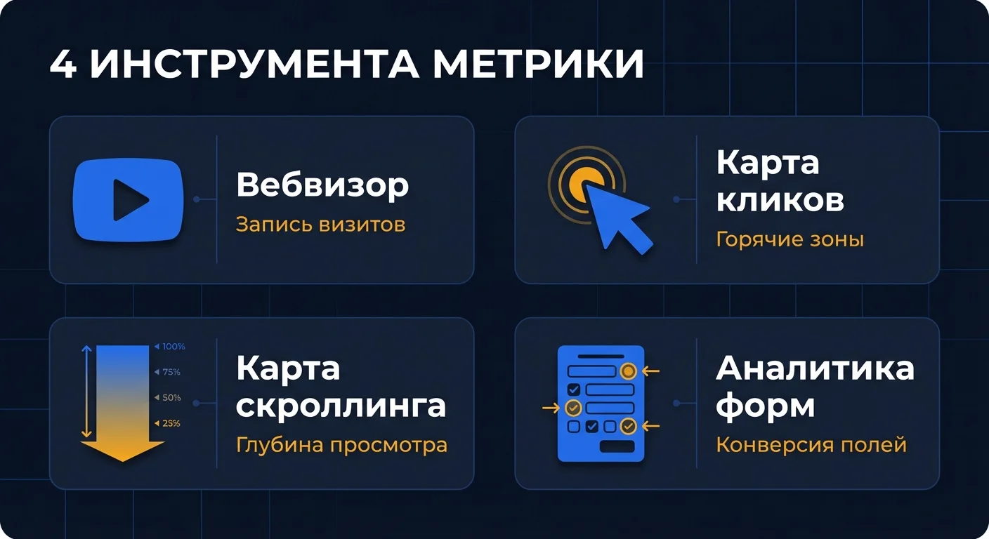 Инфографика: четыре инструмента Яндекс Метрики для анализа поведения -- Вебвизор, клики, скроллинг, формы