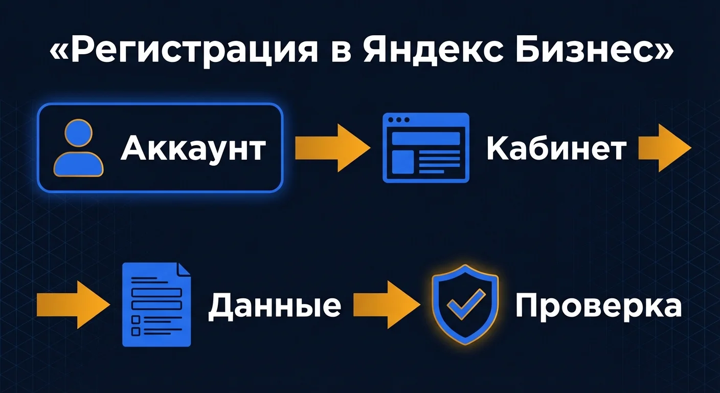 Инфографика: четыре шага регистрации в Яндекс Бизнес - аккаунт, кабинет, заполнение данных и верификация