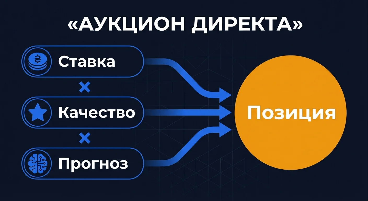 Диаграмма: механика аукциона Яндекс Директа - ставка, качество объявления и прогноз полезности определяют позицию